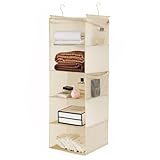 MAX Houser 5 Shelf Hanging Closet Organizer, Space Saver, Cloth Hanging Shelves with 4 Side Pockets, Foldable, Beige