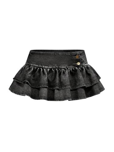 MakeMeChic Women's Summer Denim Mini Skirts Ruffle Tiered Drop Waisted Vintage Short Skirts