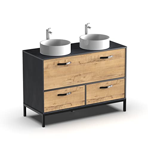 Muebles Pitarch | Ensemble meuble de salle de bain avec 2 lavabos en céramique inclus,120cm, industriel, Noir et Chêne, avec structure à pieds, 2 tiroirs et 1 porte, pour lavabos à poser