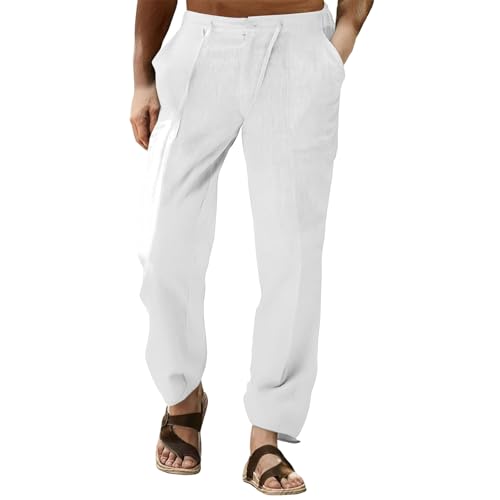 Linen Pants Men Relaxed fit Elastic Waist Drawstring Dress Pants Summer Breathable Casual Beach Pants with Pockets3