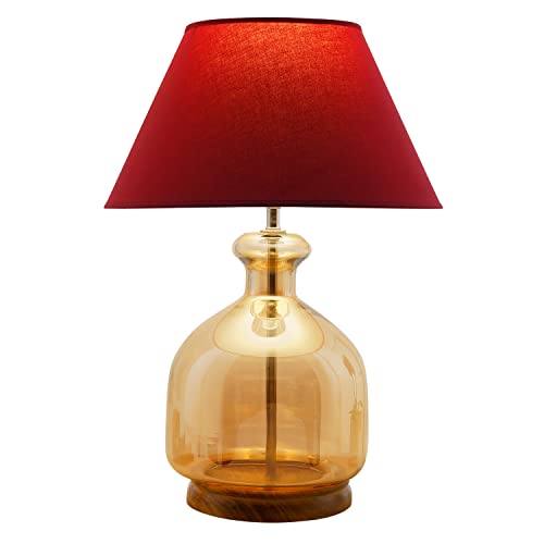 Image of Alper Mini Amber Luster Glass Table Lamp with Maroon Cotton Shade | Modern Designer Bedside & Living Room Decorative Table Light (Bulb Included)