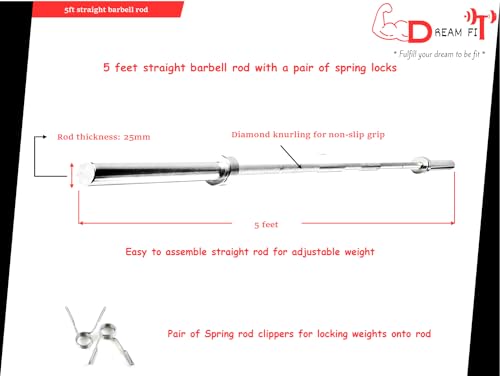 Image of DREAM FIT Premium Solid Chrome Plated 5 feet Straight Rod (25mm thick) with pair of spring locks - barbell bar for home gym