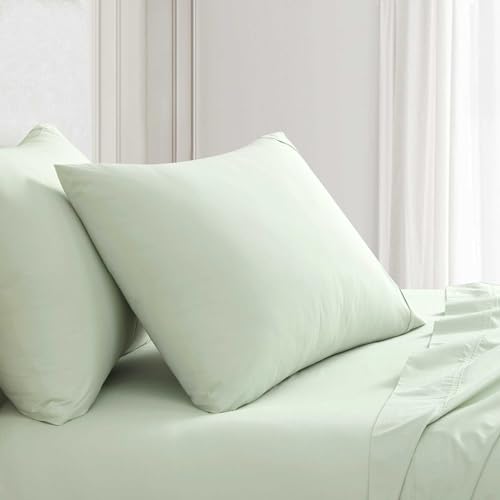 Image of Martha Stewart - Queen Size Sheets Set, Crisp & Tailored Cooling Sheets w /a Naturally Smooth Cotton Percale Lightweight Feel - Matching Pillowcases & Fitted Sheet (Skylands Solid Green)