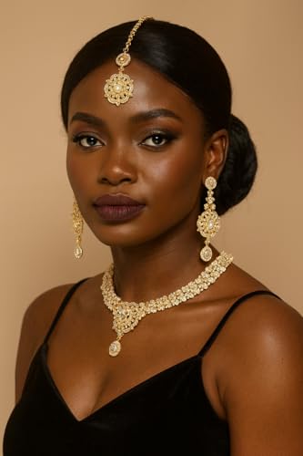 Touchstone Indian Bollywood Intricately crafted Diamond Look Rhinestone crystal Colorful Wedding Designer Jewelry Necklace Set In Gold And Silver Tone For Women.