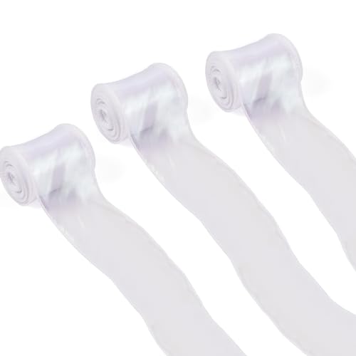 Crafans Lot de 3 rouleaux de ruban en organza irisé scintillant de 60 mm x 9 m de long pour emballage cadeau, mariage, blanc