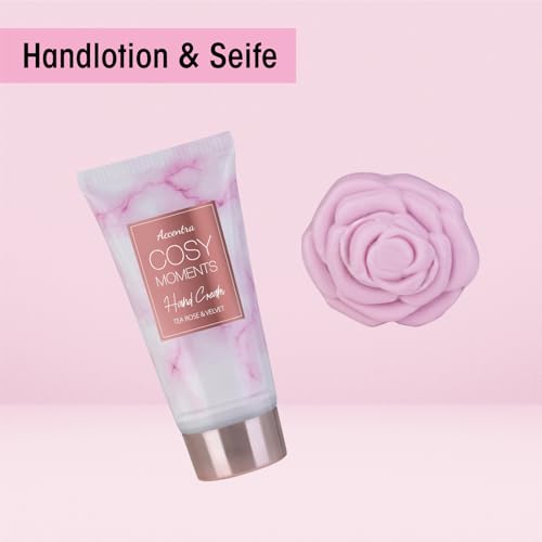 Accentra Cosy Moments Bath Set Gift Set for Women with 150 ml Shower Gel, 150 ml Bubble Bath, 150 g Bath Salt, 90 g Bath Bomb, 60 ml Hand Cream, 30 g Soap and 15 g Mesh Sponge in Shiny Bathtub