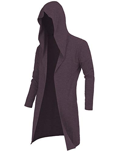RAGEMALL Mens Long Cardigan Open Front Draped Lightweight Hooded Sweater with Pockets Burgundy_S