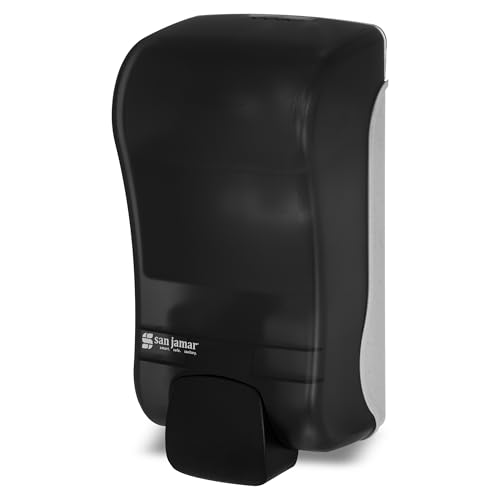 Image of San Jamar Manual Soap Dispenser - 1300 mL Capacity Liquid Dispenser for Bulk Foaming Soaps, Wall Mount, Refillable with Transparent Reservoir Easy Push Bar for Commercial or Office Use, Black Pearl