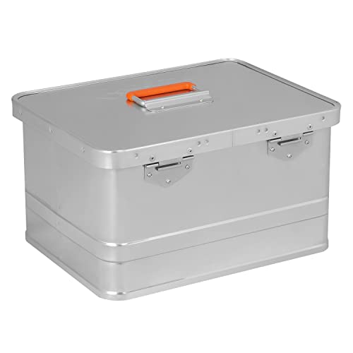 Alubox Werkzeugkiste EASY 29 Liter silber glänzend - orangne Schnallen - Griff oben - Außenmaße L 43,5 x B 35,5 x H 25 cm
