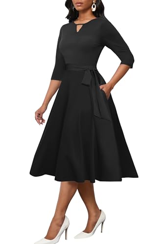 Image of CLOCOR Midi Dresses for Women Casual A-Line Fit and Flare Dress Crewneck 3 /4 Sleeve Keyhole Cocktail Party Church Dress