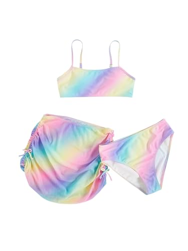 Milumia Girl's 3 Set Rainbow Tie Dye Bikini Swimsuit with Drawstring Beach Skirt Swimwear