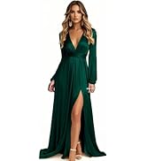 QFMYYXGS Long Sleeve Bridesmaid Dresses for Wedding Satin V-Neck Formal Dresses Pleated Evening P...