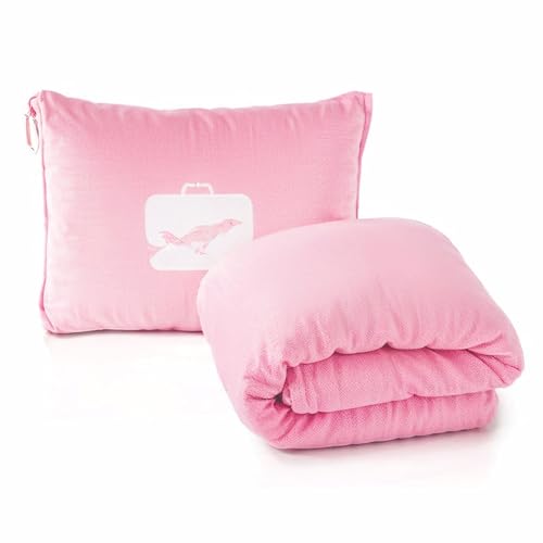 Travel blanket 2 in 1, Soft and warm travel pillow and blanket, Ultralight Portable travel blanket airplane with soft bag pillowcase for Airline travel Business trip and Office (pink)