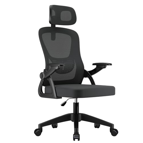 Ergonomic Office Chair, Mesh Swivel Chair with Adjustable Headrest, Flip-up Armrests, Height Adjustable for Home, Office, Work, Gaming and Relaxation, Black