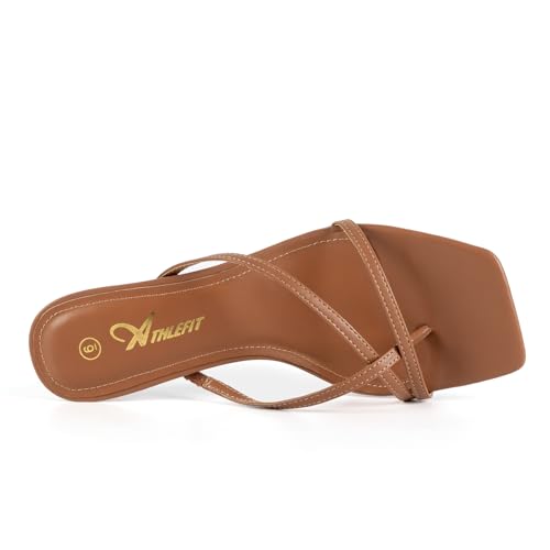 Athlefit Kitten Heels for Women Flip Flops Square Open Toe Strappy Low Heels Sexy Party Wedding Dress Thong Heeled Sandals Brown Size 9 — view 5