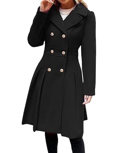 Image of Sexyshine Women's Double Breasted Trench Coat Notch Lapel A-Line Slim Flared Pleated Wool Blend Pea Coat with Pockets