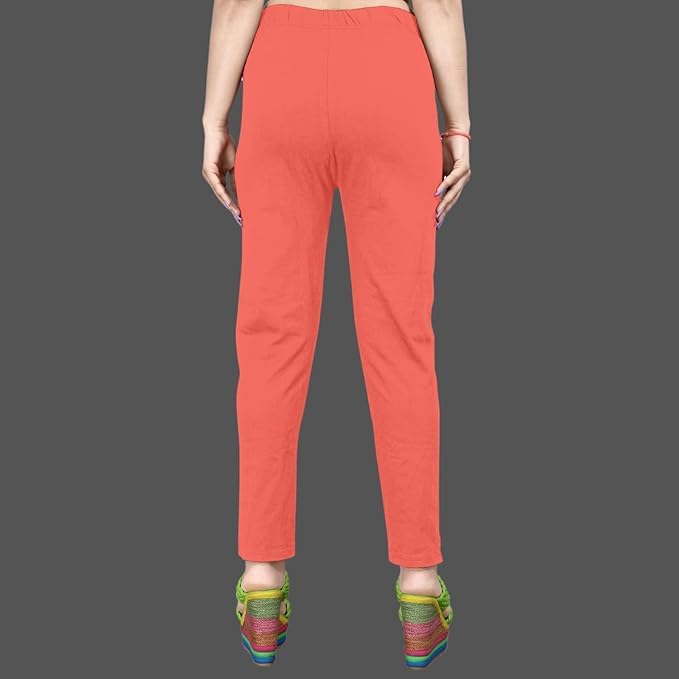 Image of Women's Solid Cotton Lycra Pants-High Waist Slim Fit Stretchable Leggings - Comfortable Long Trousers for Casual, Office & Everyday Wear
