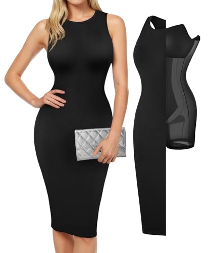 Popilush Midi Dresses for Women - Bodycon Shapewear Sleeveless Crew Neck Dress Summer Party Causal Club Outfits