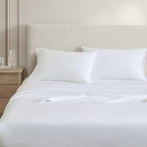 Image of Martha Stewart - Full Size Sheets Set, Crisp & Tailored Cooling Sheets with a Smooth Cotton Percale Lightweight Feel - Bed Sheets with Matching Pillowcases & Fitted Sheet (Lilly Pond Leaf Beige)