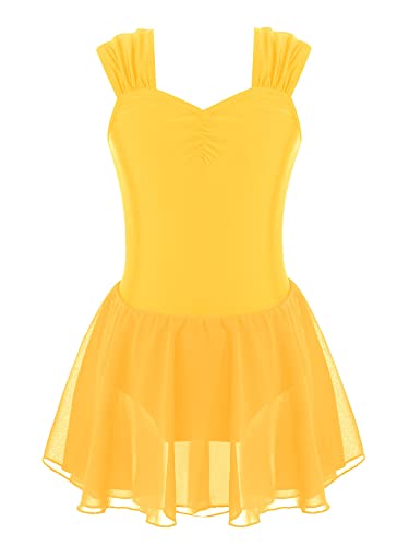 Mufeng Vestito da Pattinaggio Artistico Bambina Body da Ballo Senza Maniche Principessa Abito da Ballo Moderno Tutu Danza Classica Body Ginnastica Artistica Dancewear Giallo 10 Anni