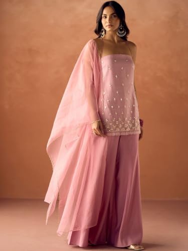 Image of Pink Embroidered Halter Neck Kurta with Sharara and Dupatta