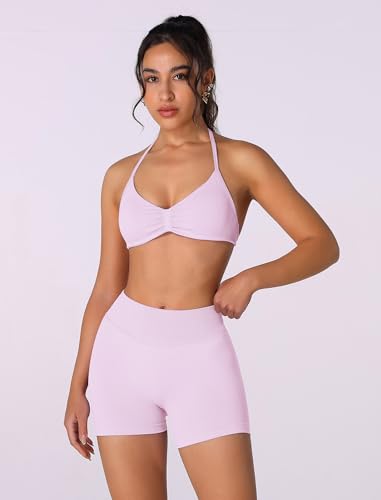 ABOCIW Womens Seamless Workout Sets 2 Piece Strappy Halter Sports Bra Scrunch Butt Shorts Gym Yoga Outfits3