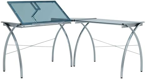 SD STUDIO DESIGNS Futura LS WorkCenter with Tilt Top Adjustable Drafting Table Craft Table Drawing Desk Hobby Table Writing Desk Studio Desk, Silver/Blue Glass