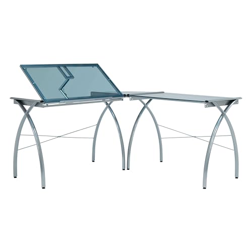 SD STUDIO DESIGNS Futura LS WorkCenter with Tilt Top Adjustable Drafting Table Craft Table Drawing Desk Hobby Table Writing Desk Studio Desk, Silver/Blue Glass