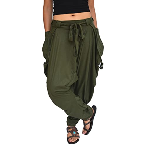Sakoonee Women Men Harem Pants Palazzo Dhoti Style 2 Pockets Cotton, Green, One size