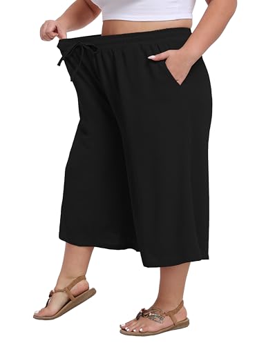 LIGHTBACK Women's Plus Size Wide Leg Capri Pants Loose Lounge Cropped Culottes Summer Casual Palazzo Pants with Pockets4