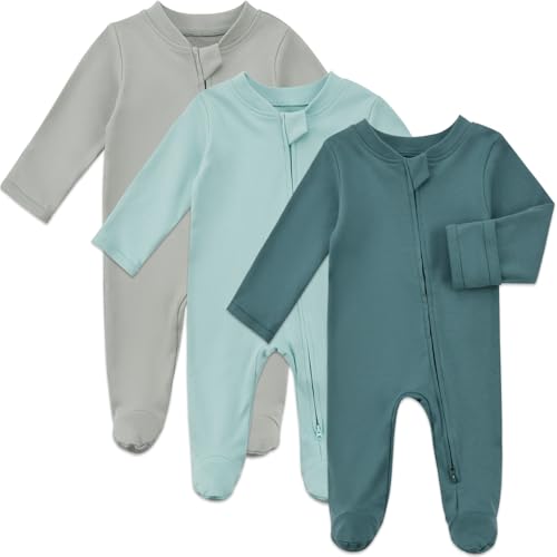 Image of Aablexema Baby Organic Cotton Pajamas 2 Way Zipper Preemie Newborn One Piece Outfit Long Sleeve Footed Sleepwear