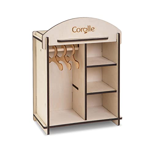 Corolle 9000141380 - Mon Grand Poupon Holzschrank, Holzkleiderschrank mit 3 B&uuml;geln f&uuml;r alle 30-36cm Puppen, schnell zur Lagerung zerlegbar, ab 3 Jahren
