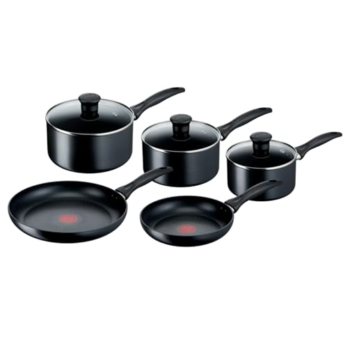 Tefal Induction Non‑Stick Coating 5‑Piece Cookware Set, 16/18/20 cm Saucepans + 22/26 cm Frying Pans, Thermo‑Signal, Glass Lids, All Hobs Including Induction, Black – G155S54