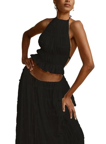 Two Piece Maxi Skirt Sets for Women Summer Beach Sleeveless Cropped Ruffle Long Skirt Matching Set Boho 2 Piece Outfits