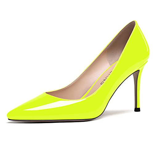 WAYDERNS Women's Neon Yellow Solid High Heel Patent 3.5 Inch