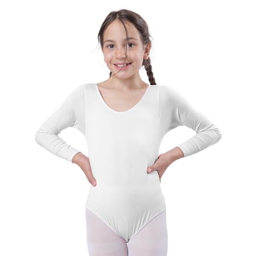 Maglia da ballo da ragazza a maniche lunghe e scollo rotondo, maglia da ballo per ballerina ginnastica,, bianco, 6 anni