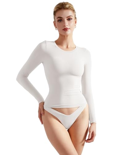 SUUKSESS Women Double Lined Fitted Basic T Shirts Crew Neck Long Sleeve Crop Top