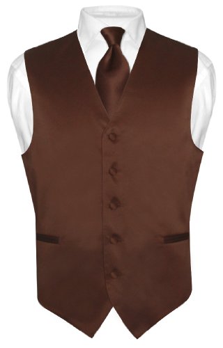 Men's Dress Vest & NeckTie Solid CHOCOLATE BROWN Color Neck Tie Set for Suit Tux