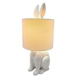 iPreference Bunny Table Lamp Resin White Rabbit Nightstand Light with Fabric Shade Bedside Table Light Living Room Decoration White