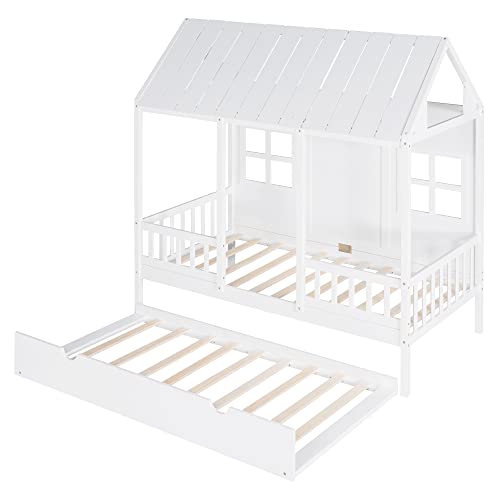 Image of House Bed with Trundle, Twin House Bed for Kids, Wooden Platform Bed Frame with Headboard and Roof, for Girls Boys (Twin Size, White)