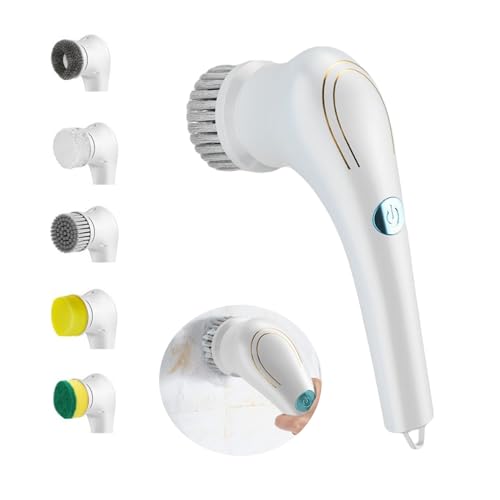 AZIDWERYQ Electric Spin Scrubber Rechargable Scrubber Power Cleaning Brush with 5 Replaceable Brush Electric for Cleaning Kitchen White