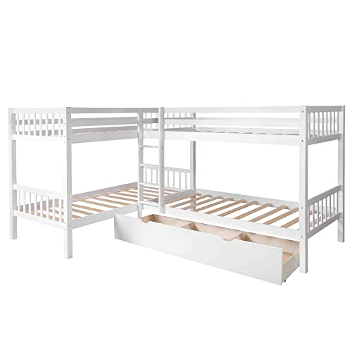 Aty Twin Over Twin Bunk Bed, L Shape Bunkbed With 3 Drawers, Space Saving Wooden Frame For Kids Teens White #TOP2