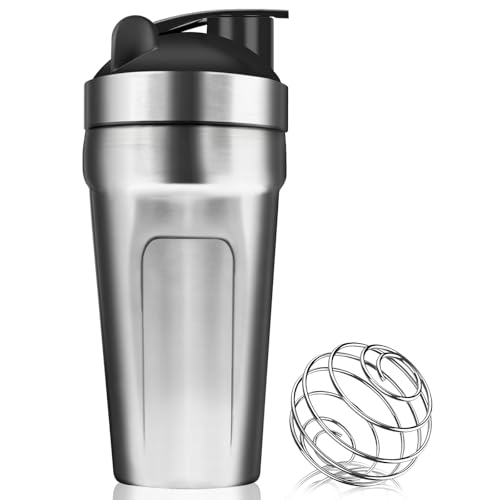 ROCKY&CHAO Shaker - Agitador de proteínas de acero inoxidable, 900 ml, con bola de proteínas, para el deporte, la dieta y el fitness, con tapa de rosca, de acero inoxidable