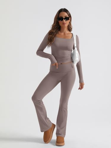 Trendy Queen Womens Workout Sets 2 Piece Fall Outfits Square Neck Tops Flare Pants Tracksuits Clothes Winter Fashion 20252