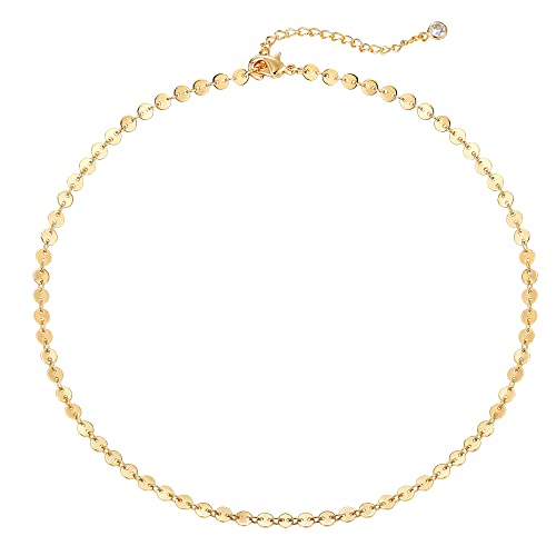 Dremmy Studios Dainty Gold Choker Necklace for Women 14K Gold Plated Coin Disc Figaro Layered Beaded Flat Mariner Sideways Cross Wishbone Link Clavicle Necklaces