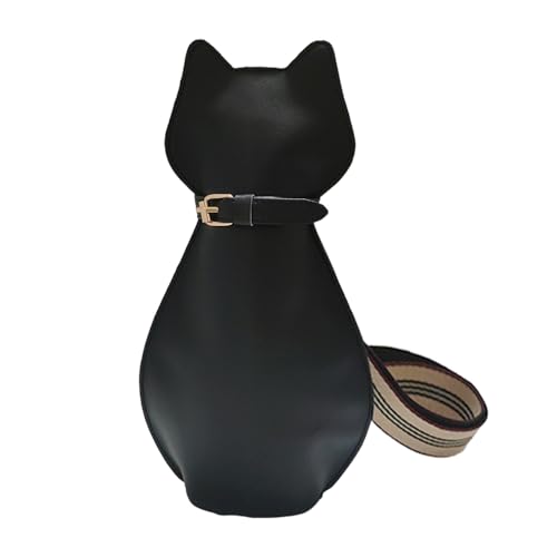 Cat Crossbody Shoulder Bag，Funny Animal wide strap bag- black cute Women's Purse