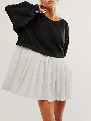 Image of Dokuritu Sweatshirt Dress Women Crew Neck Long Sleeve Patchwork Pullover Tops Flowy Oversized Sweatshirt Mini Dress