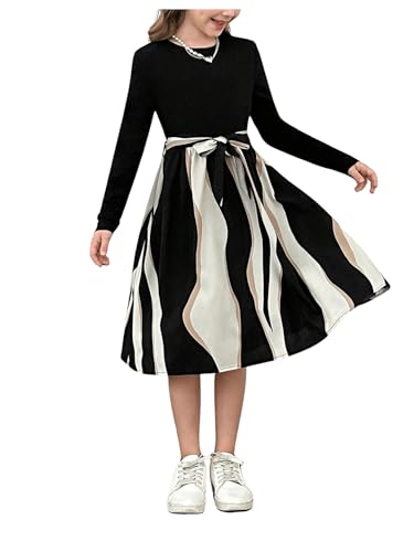SweatyRocks Girl's Striped Dress Color Block A Line Crewneck Long Sleeve Dresses with Belt
