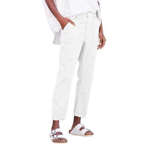 Cropped Linen Pants Women Summer Comfy Business Casual Pants Straight Leg Cinch Bottom Trousers Pants with Pockets