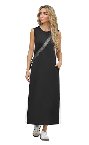 GRECERELLE 2025 Women Summer Color Blocking Round Neck Sleeveless Casual Wrinkle-Free Side Split Maxi Dress with Pockets2